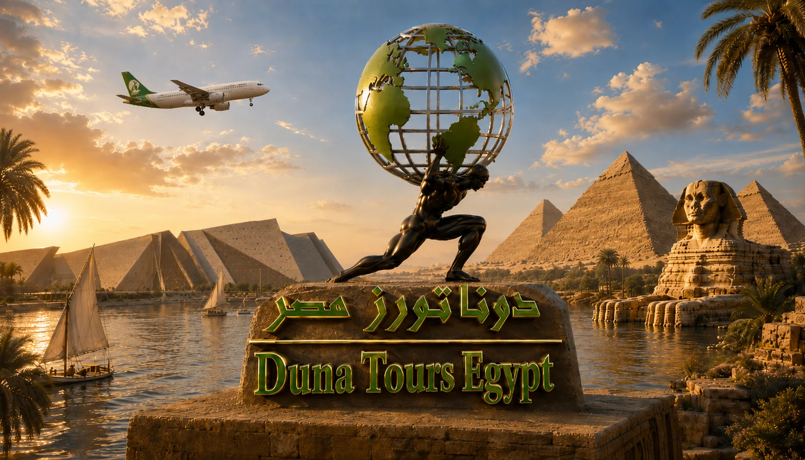 Duna Tours Egypt emblem: Atlas holding the globe on a monument beside the Sphinx, the Pyramids and feluccas on the Nile